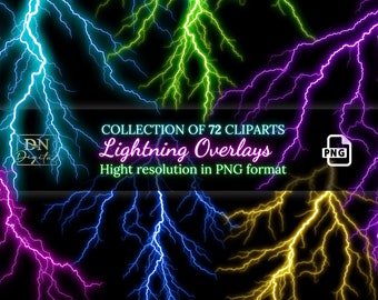 72 Blitze Overlays Clipart Sammlung • Elektrisierende Blitzeinschläge für atemberaubende Effekte • PNG Clip Art • Digitale Overlays
