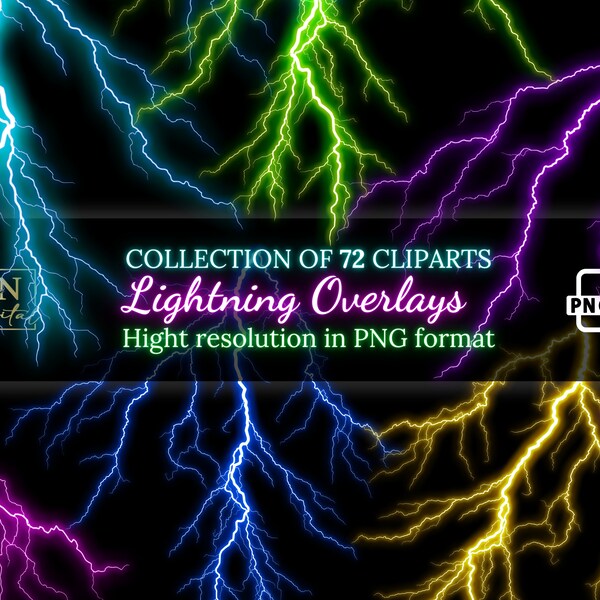 72 Lightning Overlays Clipart Collection • Electrifying Lightning Strikes for Stunning Effects • PNG Clip Art • Digital Overlays