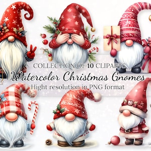 Collezione di clipart di gnomi natalizi ad acquerello • Set per la creazione di biglietti invernali per delizie festive • Gnomi carini con sfondi trasparenti