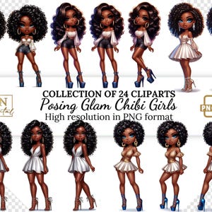 24 Coleção de clipart de garotas Chibi posando glamourosas • Linda garota chibi afro-americana • Clip Art PNG • Uso comercial