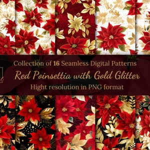 Rode kerstster met gouden glitter naadloze collectie digitale patronen • Naadloos digitaal kerstpapier