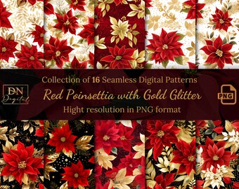 Red Poinsettia With Gold Glitter Seamless Digital Patterns Collection • Christmas Seamless Digital Paper