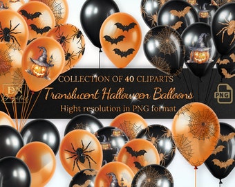 40 Translucent Halloween Balloons Clipart Collection for Spooktacular Decor • Black and Orange Balloons PNG Photo • Halloween Clip Art