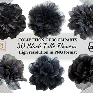 40 zwarte tule bloemen overlays/clipartcollectie met gratis commerciële licentie • Bundel bloemen zwangerschapsillustraties • Hoge resolutie, png PNGEgg