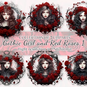 May include: Collection of 7 digital cliparts featuring gothic girls and red roses. Each portrait is framed by dark, ornate designs and vibrant red roses. The text reads "Gothic Girl and Red Roses 1" and "Hight resolution in PNG format."