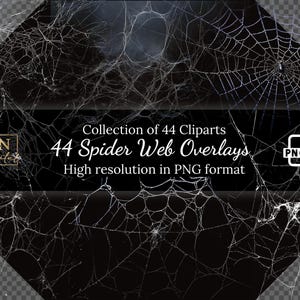 May include: A collection of 44 high-resolution spider web overlays in PNG format. The webs are white and translucent, with a black background.