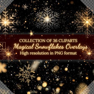 Puede incluir: Una colección de 36 imágenes PNG de clipart de alta resolución de superposiciones de copos de nieve mágicos. Los copos de nieve son dorados y blancos con un efecto brillante. El fondo es negro con un brillo sutil.