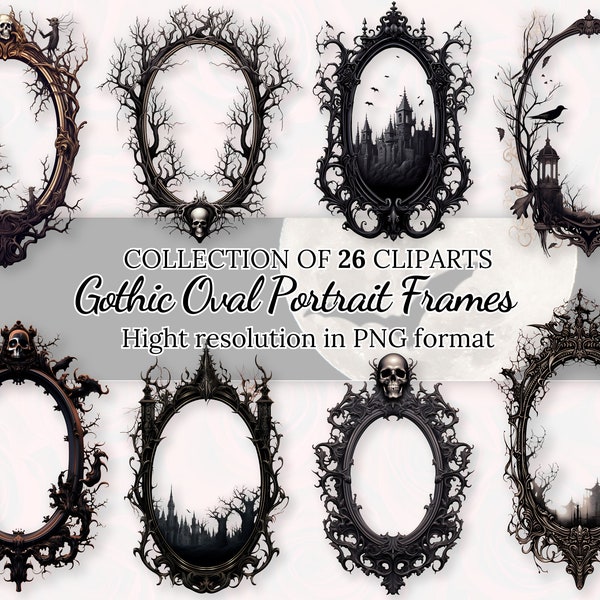 Gothic Oval Portrait Frames Clipart Collection With Free Commercial License • Spooky Halloween Frames Clip Art  for Dramatic Charm