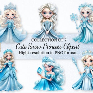7 süße Schneeprinzessin Clipart Sammlung • PNG mit transparentem Hintergrund • Hochauflösende Clipart•Bezaubernde Schneeprinzessin digitale Aufkleber
