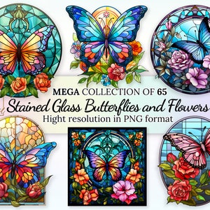 65 Coleção de clipart de borboletas e flores de vitral • Ilustrações de borboletas com fundo transparente para delícias criativas