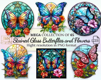 65 Stained Glass Butterflies and Flowers Clipart Collection in PNG Format