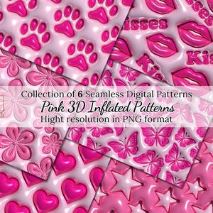 Collection de motifs gonflés sans couture roses 3D • Papier d'emballage numérique gonflé à bulles • Cœurs 3D roses, fleurs, papillons, bisous, étoiles, pattes