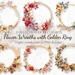 13 Coroas de flores com anel dourado Coleção de clipart com licença comercial gratuita • Ilustrações de coroas de casamento • Acessórios para casamento
