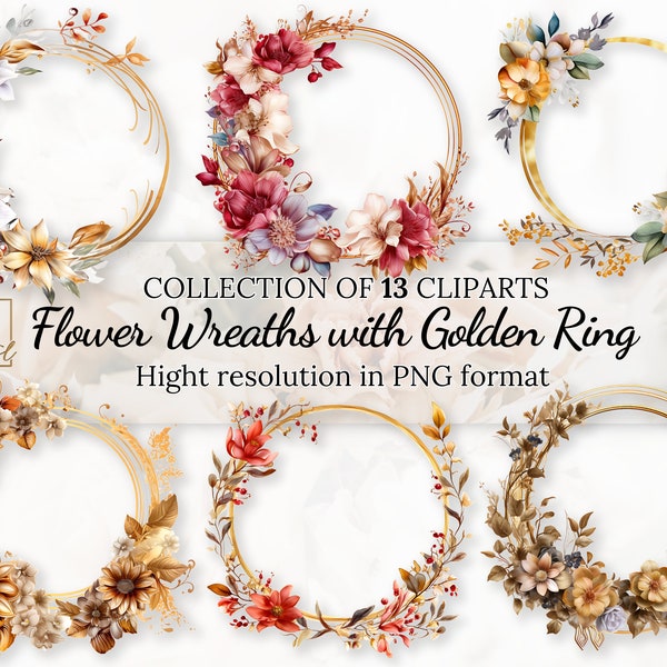 13 Flower Wreaths With Golden Ring Clipart Collection With Free Commercial License • Wedding Wreath Ilustrations • Wedding Accesories