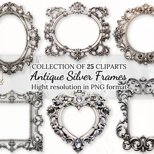 Collezione di clipart di cornici in argento antico con licenza commerciale gratuita • Clip art in argento vintage rococò e barocco per design senza tempo