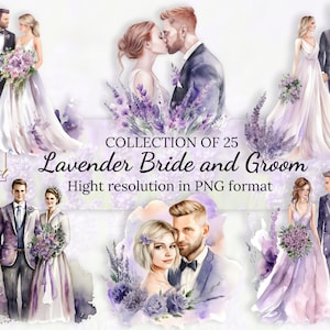 25 Coleção de clipart de noiva e noivo em aquarela de lavanda com licença comercial gratuita • Ilustrações de noiva e noivo em aquarela