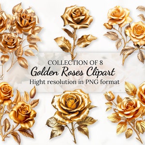 Goldene Rosen Clipart Sammlung mit kostenloser kommerzieller Lizenz • Metallic Gold Rosen Illustrationen • Hohe Auflösung • Luxus Clipart