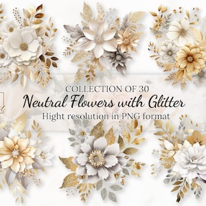 30 Neutrale Blumen mit Glitzer Clipart Mega-Kollektion mit kostenloser kommerzieller Lizenz • Neutrale Blumensträuße Illustrationen • Hohe Auflösung