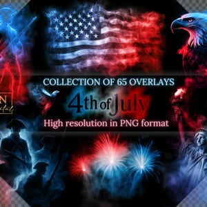 Coleção mágica de sobreposições de 4 de julho com licença comercial gratuita • Clipart PNG de fumaça patriótica • Bandeira de águia de fogos de artifício e Estátua da Liberdade
