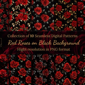 Collection de motifs numériques sans couture de roses rouges sur fond noir • Papier numérique sans couture de roses