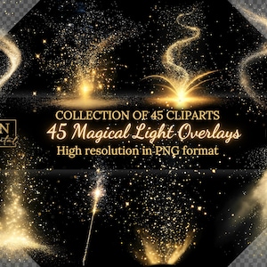 以下が含まれることがあります： 魔法の光のオーバーレイを特徴とする、45の高解像度PNGクリップアート画像のコレクション。オーバーレイは金色と白で、キラキラと輝く効果があります。テキスト「COLLECTION OF 45 CLIPARTS 45 Magical Light Overlays High resolution in PNG format」は画像の中央に表示されます。