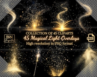 45 Magical Light Overlays Transparent Background Gold Light Clipart Photo Editing Clip Art Gold Effect Light Digital Photography Overlay Set