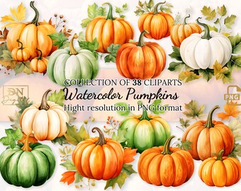 Watercolor Pumpkins Clipart Collection With Free Commercial License • Vibrant Autumn Graphics for Creative Projects