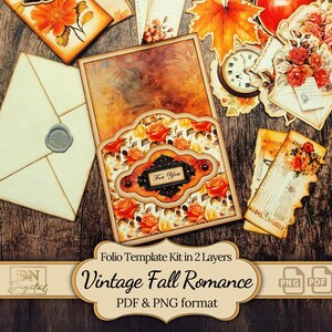 Kit de modelo de fólio de romance de outono vintage em duas camadas • Fólio de fotos de história de amor de outono • PDFs para impressão • Elementos PNG • Artesanato de amor de outono