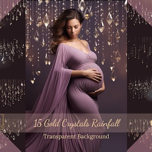 Puede incluir: Una mujer embarazada con un vestido largo y fluido de color morado se encuentra frente a un fondo de hilos de cristal dorado. Los cristales cuelgan del techo y crean un efecto brillante. El texto "15 Gold Crystals Rainfall Transparent Background" está en la parte inferior de la imagen.