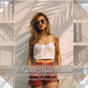 Op de afbeelding: Een digitale collectie van 16 tropische raamschaduwen met diverse patronen van palmbladeren en jaloezieën. De set bevat PNG-bestanden met transparante achtergronden, weergegeven met de tekst 16 Tropical Window Shadows als overlay.