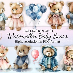 24 Cute Pink and Blue Baby Bears Clipart • Beautiful Teddy Bear Clipart for Baby Girls and Boys • Hight Resolution Instant Download