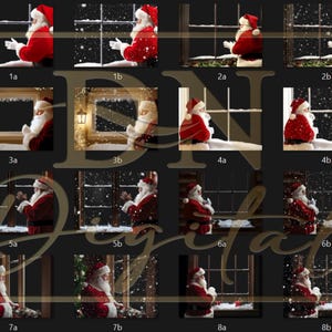 May include: A digital collage of eight different images featuring Father Christmas looking out a window with falling snow. Each image has a slightly different pose and snow effect.