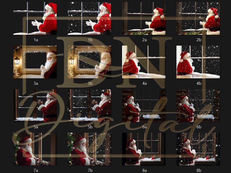 May include: A digital collage of eight different images featuring Father Christmas looking out a window with falling snow. Each image has a slightly different pose and snow effect.