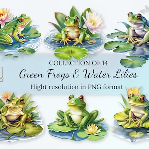 14 grenouilles vertes et nénuphars Collection de cliparts • Illustration de grenouille grenat avec fond transparent • Format PNG • Téléchargement instantané