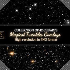 Può includere: Raccolta di arte digitale di 42 overlay di scintille magiche in formato PNG. L'immagine presenta uno sfondo nero con stelle e brillantini bianchi e dorati. Il testo su uno striscione nero recita "Magical Twinkles Overlays".