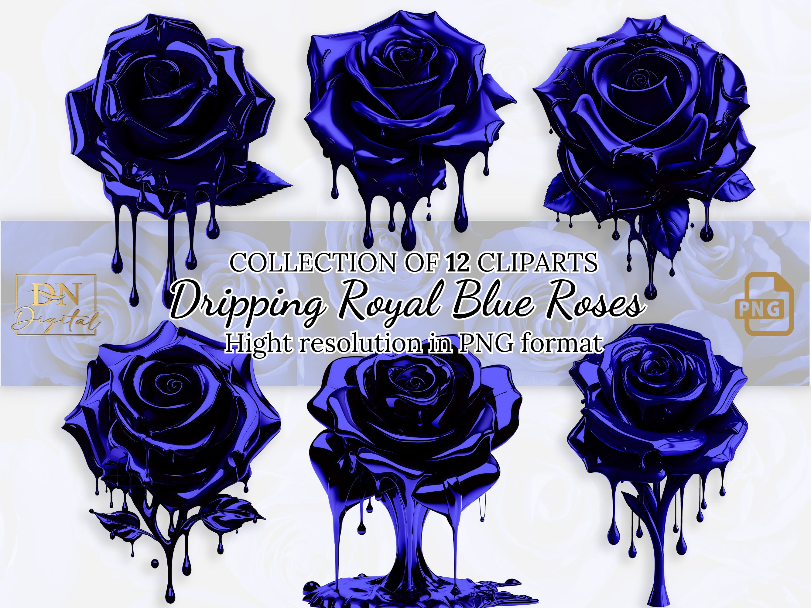 Dripping Royal Blue Roses Clipart Collection • Dripping Roses Illustrations With Transparent Background for Romantic Delights