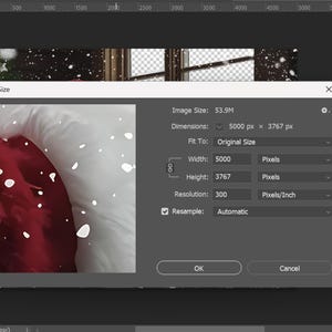 May include: A close-up of a red and white fabric with white snowflakes scattered across the surface. The image is a screenshot of a digital image editing program showing the image size and resolution.