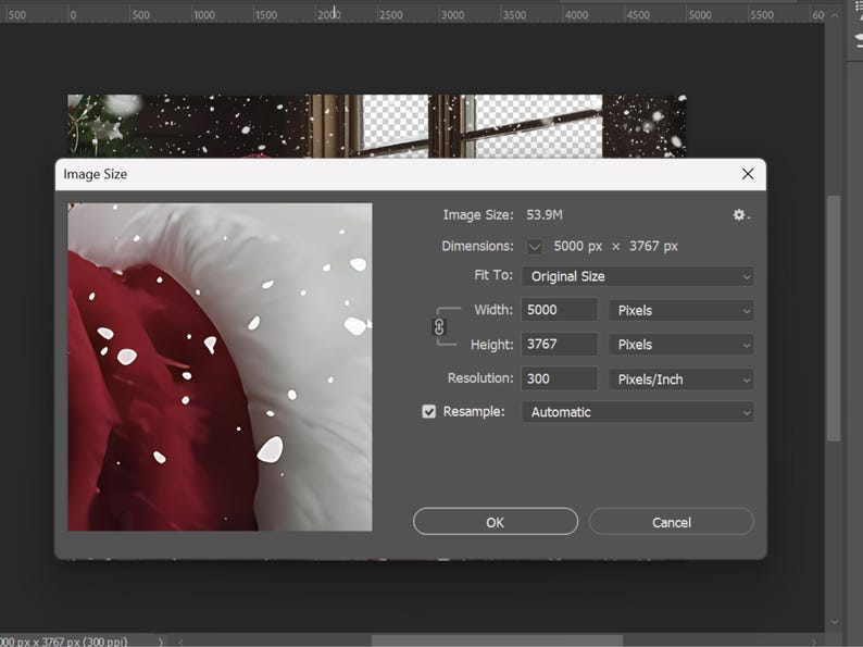 May include: A close-up of a red and white fabric with white snowflakes scattered across the surface. The image is a screenshot of a digital image editing program showing the image size and resolution.