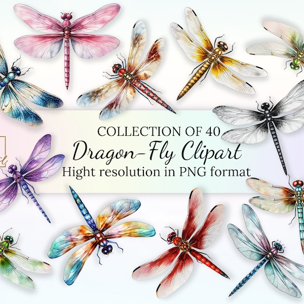 40 Libellen-Clipart-Sammlung • Libellen-Illustration mit transparentem Hintergrund • PNG-Format • Sofortiger Download