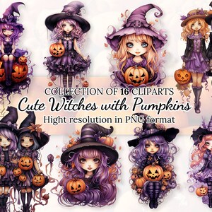16 Cute Witches with Pumpkins Clipart Collection • Enchanting Halloween Witches Clip Art for Enchanting Crafts • Halloween PNG Set