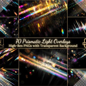 May include: 70 Prismatic Light Overlays. High-res PNGs with transparent background.  These overlays feature colorful, iridescent light effects with a blurred, abstract background.