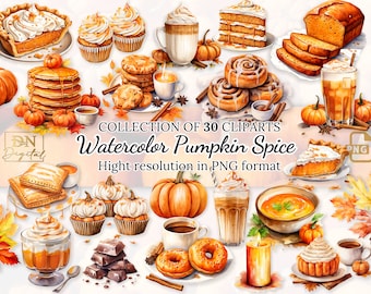 May include: A collection of 30 watercolor pumpkin spice clipart images. The images include a variety of fall-themed foods, drinks, and decorations, such as pumpkin pie, cinnamon rolls, coffee, and fall leaves. The images are high resolution and in PNG format.  Collection of 30 Cliparts Watercolor Pumpkin Spice Hight resolution in PNG format