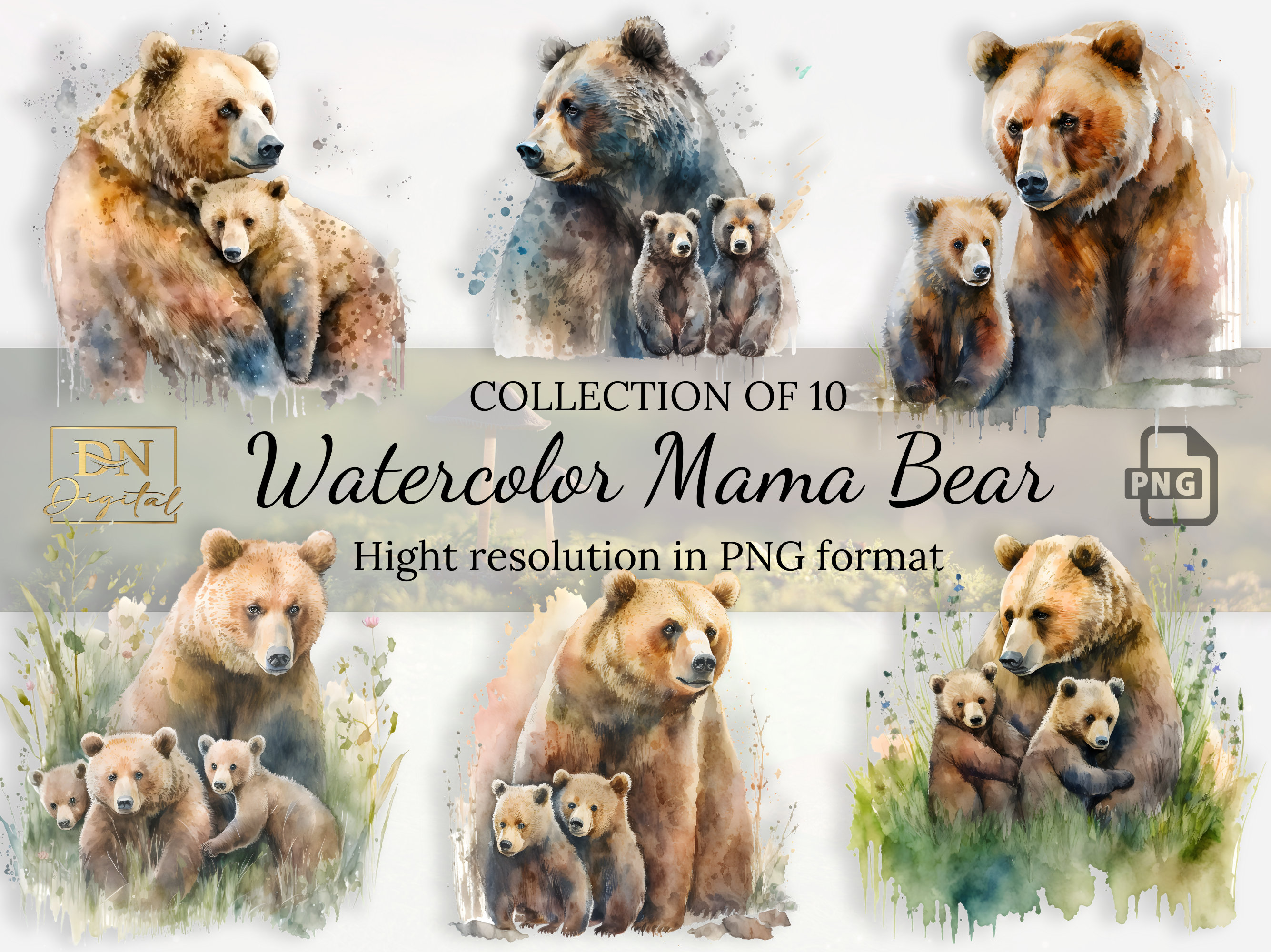 Watercolor Mama Bear Clipart Collection PNG Images With Full - Etsy