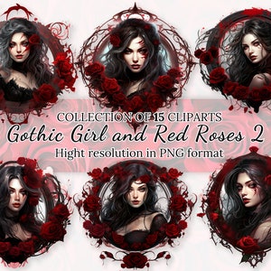 Collection de cliparts fille gothique et roses rouges 2 • Collection de cliparts romantiques sombres avec roses rouges • Cadres gothiques • Fond transparent PNG