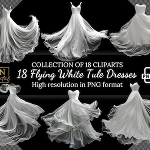 18 Coleção de clipart de sobreposições de vestido de tule branco voador • Gráficos de vestido de noiva voador • Sobreposições digitais realistas de vestido de tule voador