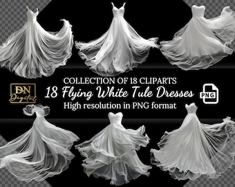 18 Flying White Tulle Dress Overlays Clipart Collection • Flying Wedding Dress Graphics • Realistic Flying Tulle Dress Digital Overlays
