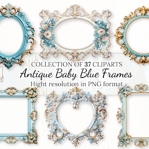 Collection de cliparts anciens cadres bleu bébé avec licence commerciale gratuite • Images clipart vintage rococo et baroque en argent pour des designs intemporels
