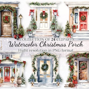 24 Collezione di clipart di portici natalizi ad acquerello per delizie festive • Illustrazioni per le vacanze invernali • Clip art di benvenuto natalizio