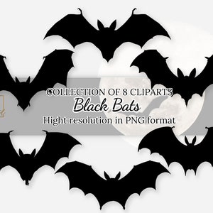 May include: A collection of eight black bat silhouettes in PNG format. The bats are in various positions, with some facing forward and others facing sideways. The bats are all in high resolution.