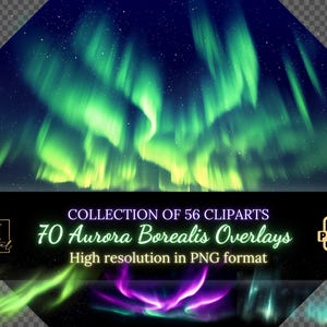Może przedstawiać: Kolekcja 70 nakładek Aurora Borealis w wysokiej rozdzielczości w formacie PNG. Nakładki prezentują żywe kolory zielony, fioletowy i niebieski, tworząc oszałamiający pokaz zorzy polarnej.
